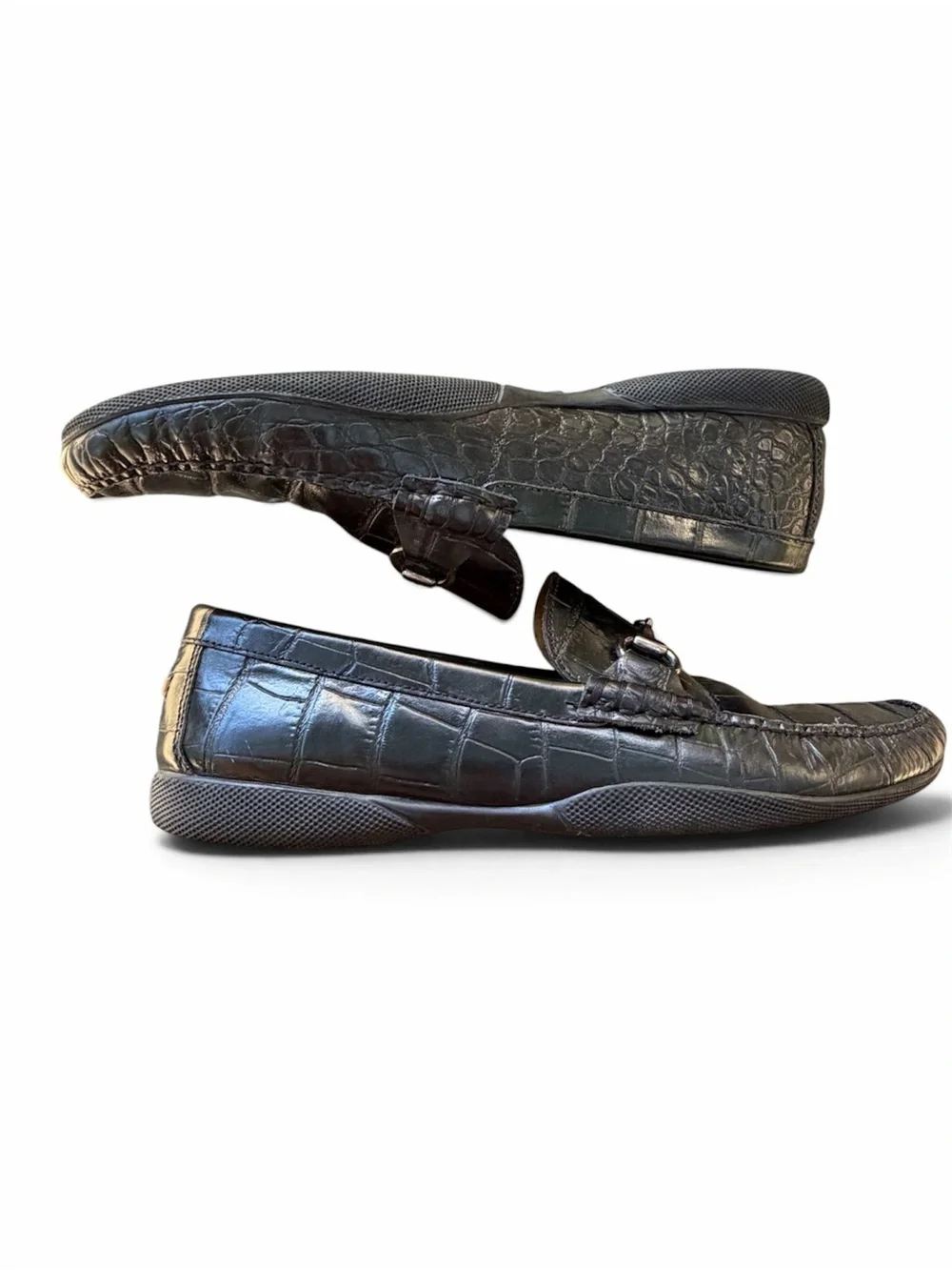 Peter Millar Crown Black Croc-Embossed HorseBit Loafers in Black Leather